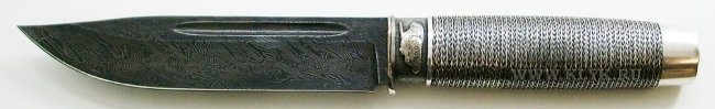 Нож Танкист (дамасская сталь, древесина, проволока, латунь, серебрение) авторский, вариант 2